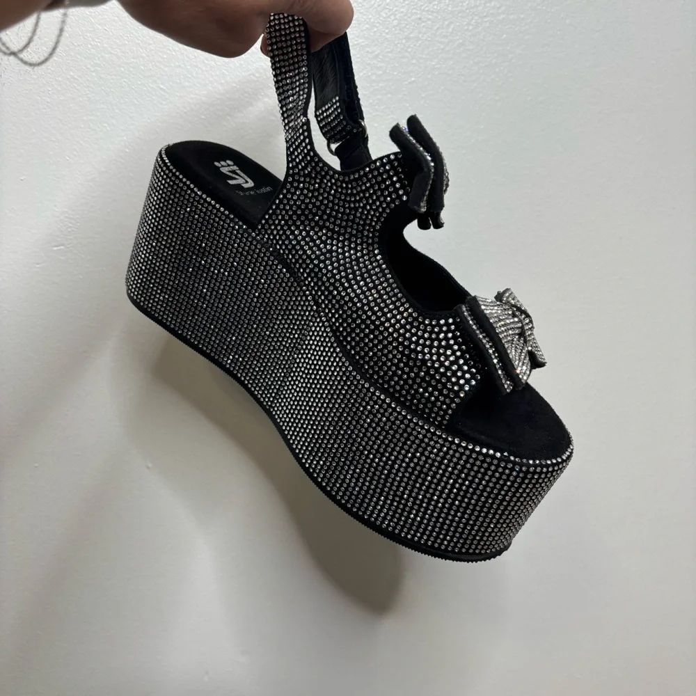 Platform Wedge Sandals with Bow Accent - Black Crystal